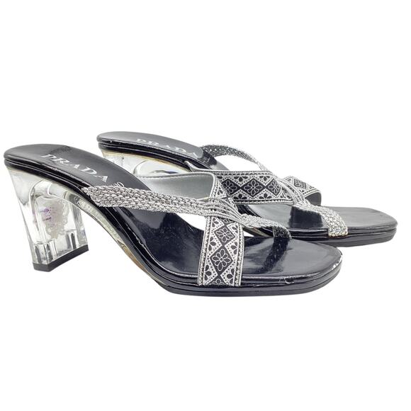 Prada VTG Women’s Sandals Lucite Clear Heel with Flower and Lace in Black - Picture 1 of 5